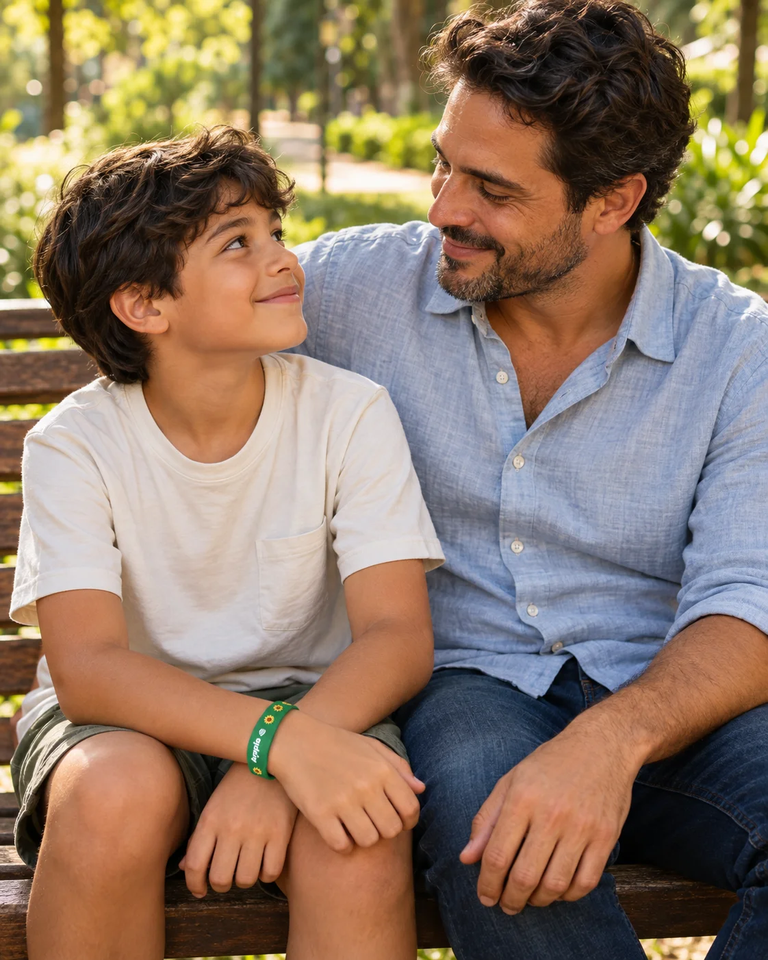 Pai e filho em um momento ao ar livre; o filho usa uma pulseira Atypia verde.
