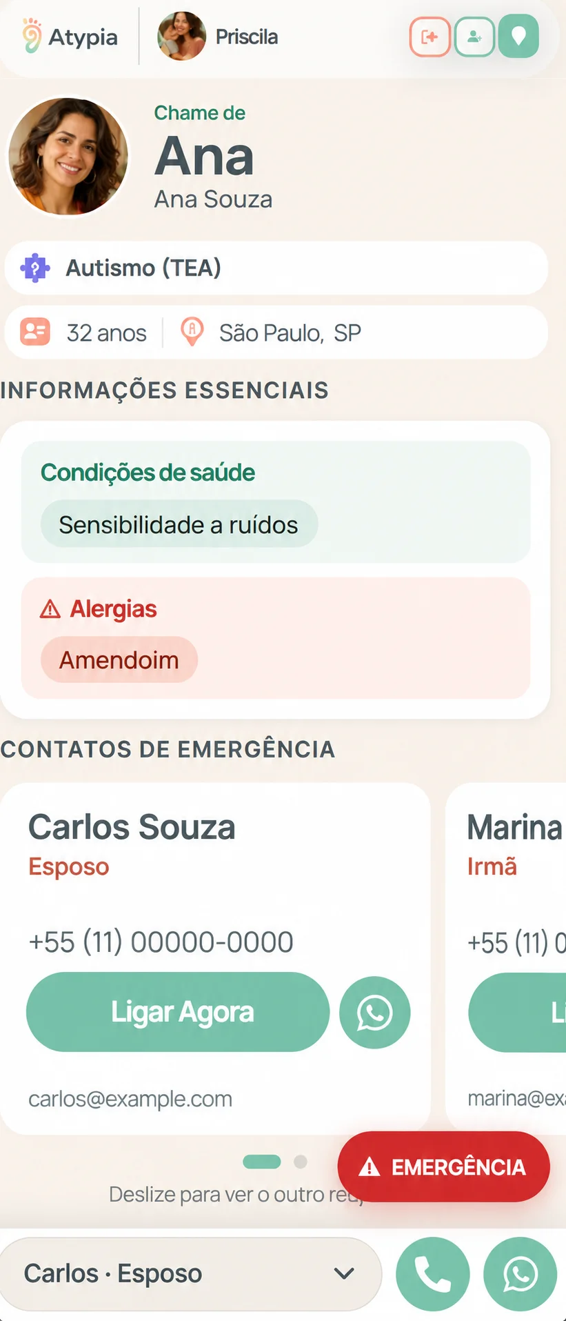 Tela do perfil Atypia com informações de saúde, alergias, contatos e botão de emergência.